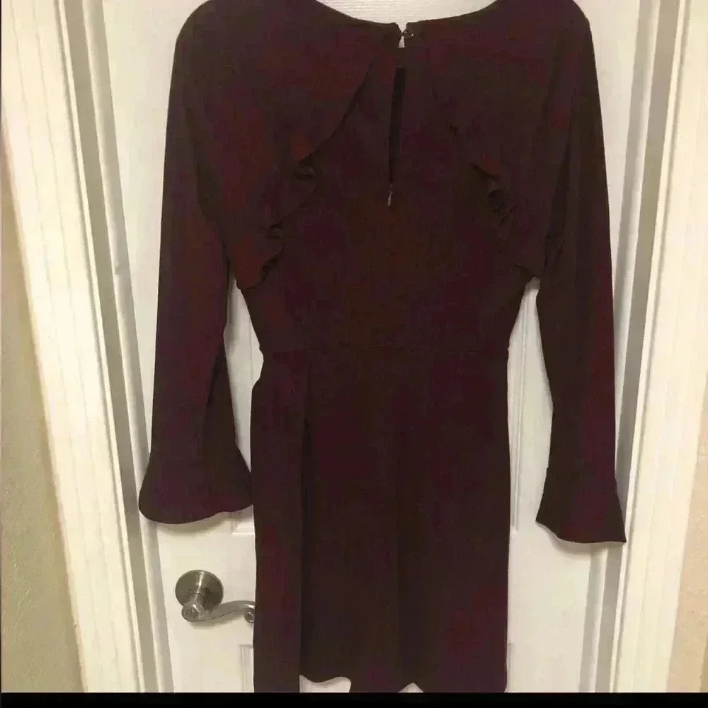 Deep Burgundy Ruffled Bell Sleeve Sheath Dress